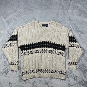 Vintage‎ Trader Bay Mens Large V-Neck Cable Knit Fair Isle Sweater Oatmeal USA